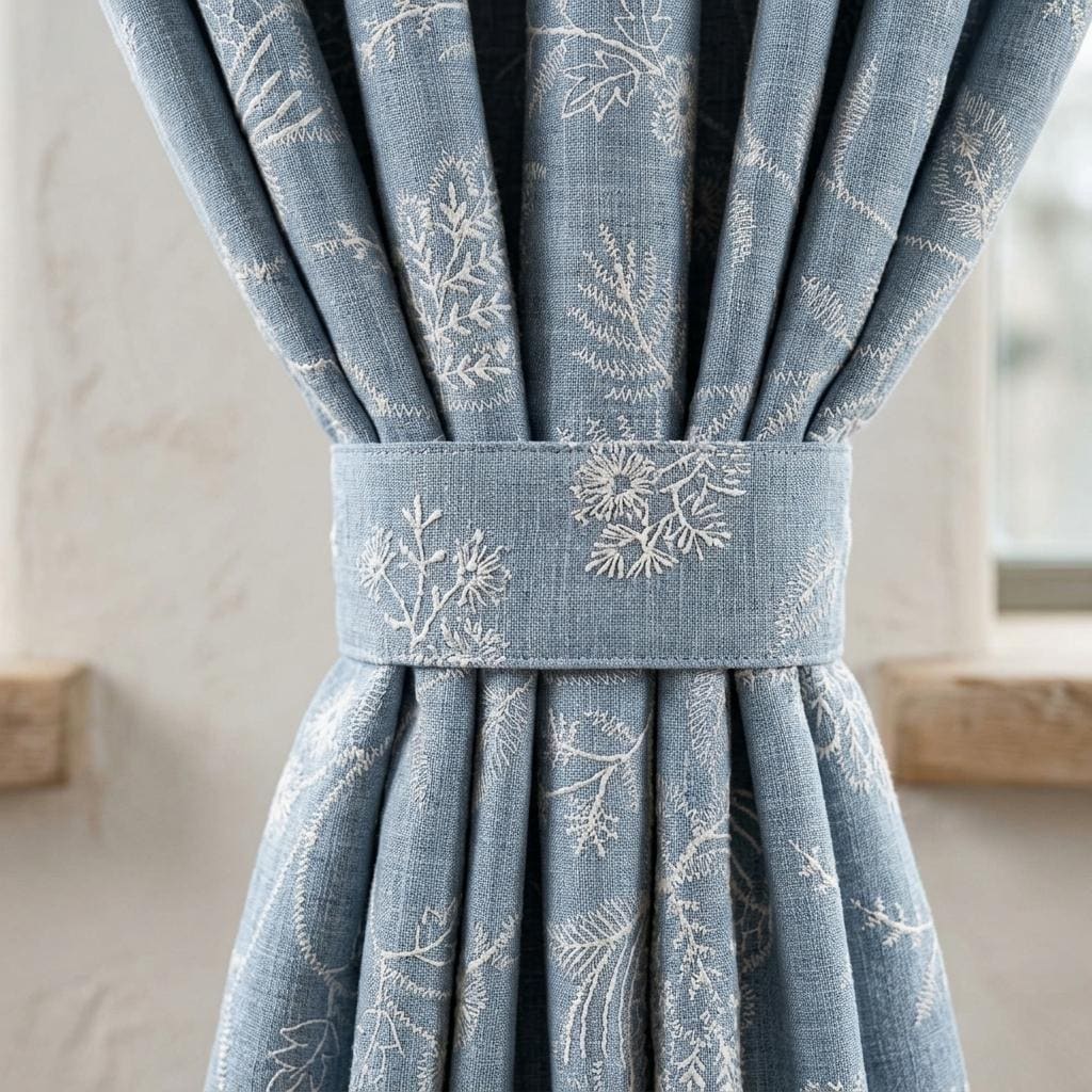 Powder Blue Linen Curtains, Ivory Jacobean Floral Embroidered Drapes, Custom Blackout Bedroom & Living Room Panels — image 1
