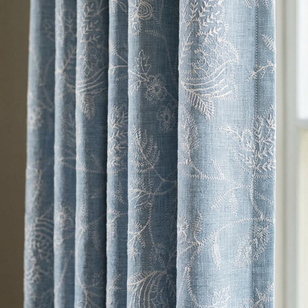 Powder Blue Linen Curtains, Ivory Jacobean Floral Embroidered Drapes, Custom Blackout Bedroom & Living Room Panels — image 1