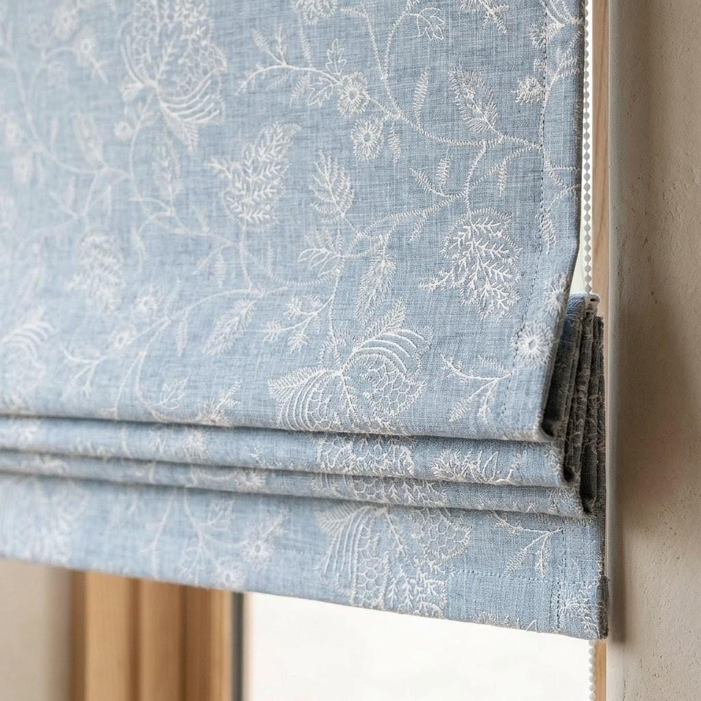 Custom Roman Shades, Dusty Blue Linen Roman Blind, Ivory Jacobean Floral Embroidered Window Treatment, Blackout or Cotton Lined — image 6