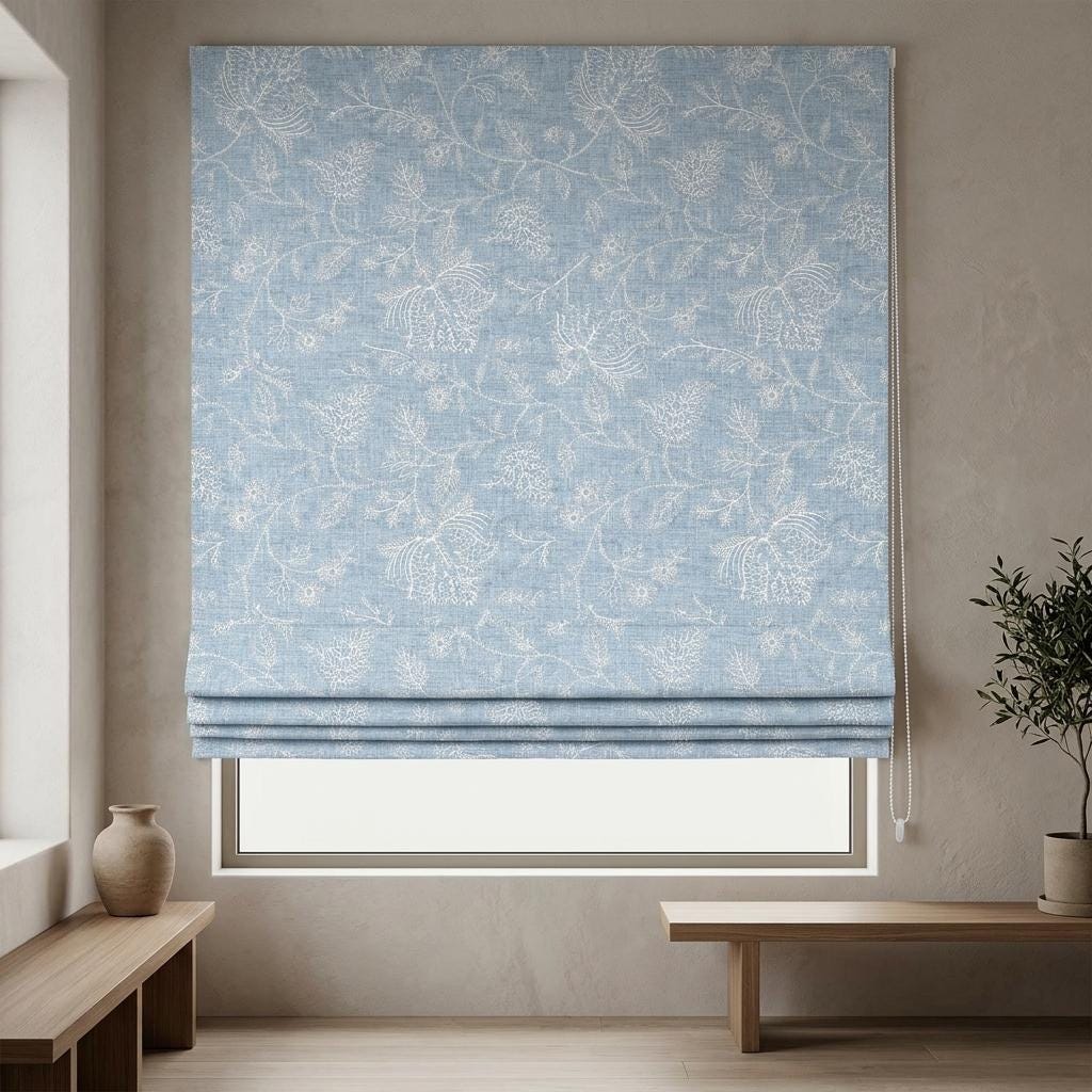 Custom Roman Shades, Dusty Blue Linen Roman Blind, Ivory Jacobean Floral Embroidered Window Treatment, Blackout or Cotton Lined — image 7