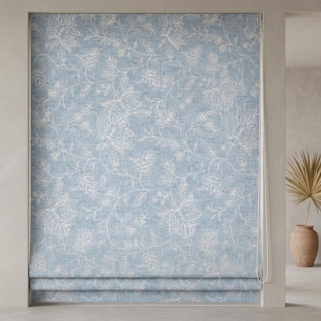 Custom Roman Shades, Dusty Blue Linen Roman Blind, Ivory Jacobean Floral Embroidered Window Treatment, Blackout or Cotton Lined — image 5