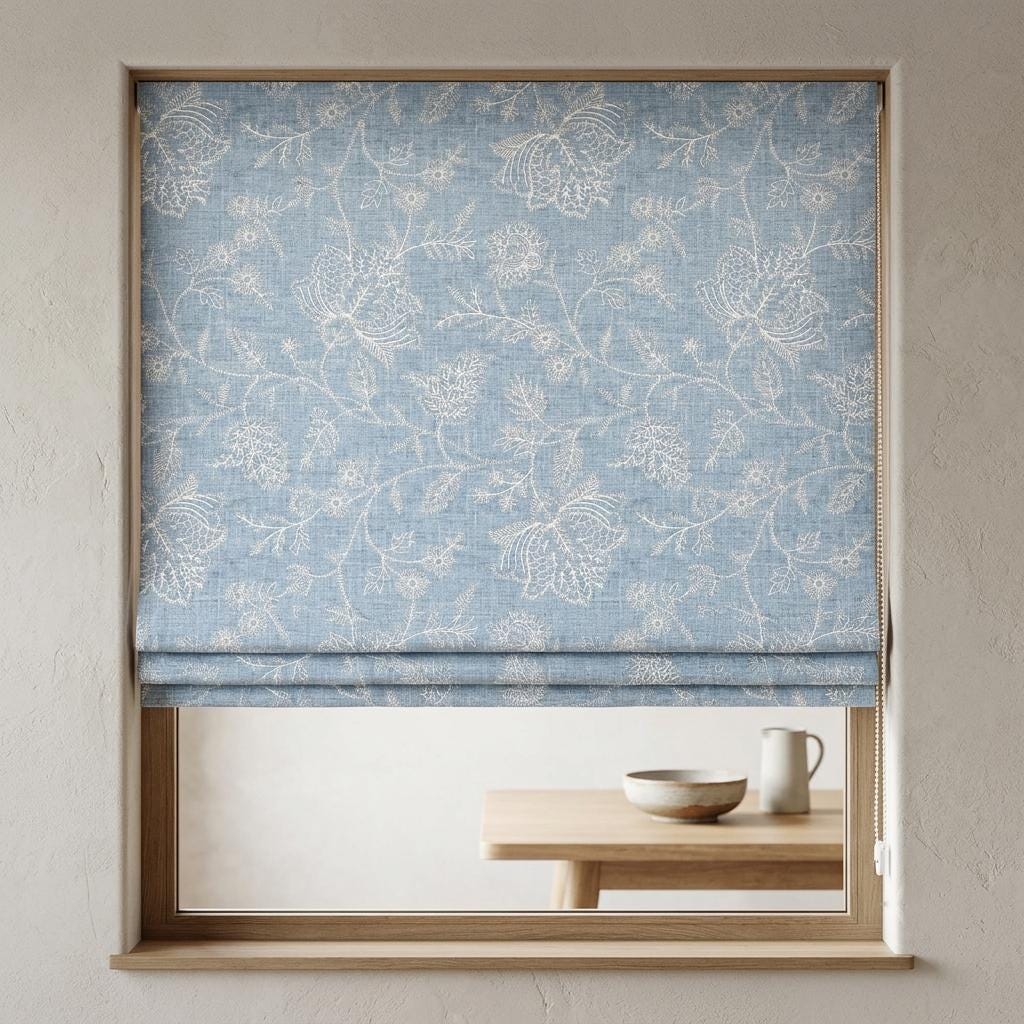 Custom Roman Shades, Dusty Blue Linen Roman Blind, Ivory Jacobean Floral Embroidered Window Treatment, Blackout or Cotton Lined — image 3