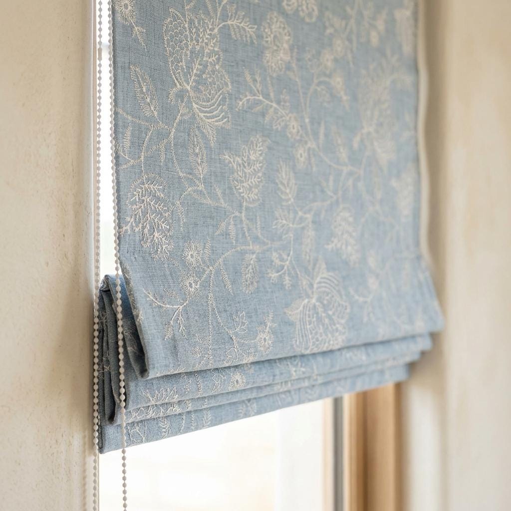 Custom Roman Shades, Dusty Blue Linen Roman Blind, Ivory Jacobean Floral Embroidered Window Treatment, Blackout or Cotton Lined — image 2