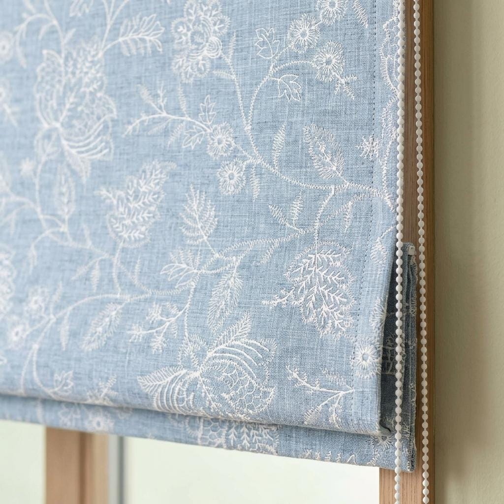 Custom Roman Shades, Dusty Blue Linen Roman Blind, Ivory Jacobean Floral Embroidered Window Treatment, Blackout or Cotton Lined — image 8