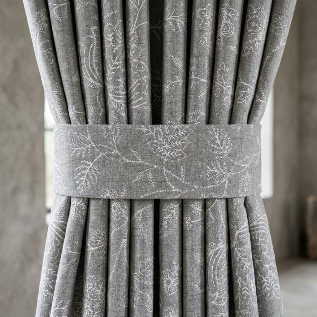 Gray Linen Curtains, Ivory Jacobean Floral Embroidered Drapes, Custom Blackout Bedroom & Living Room Panels — image 1