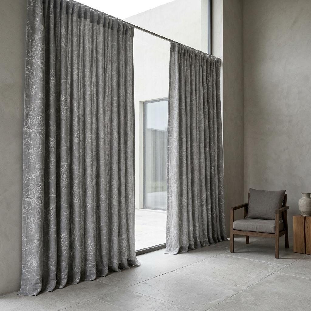 Gray Linen Curtains, Ivory Jacobean Floral Embroidered Drapes, Custom Blackout Bedroom & Living Room Panels — image 3