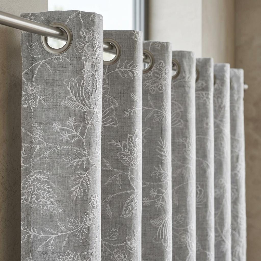 Gray Linen Curtains, Ivory Jacobean Floral Embroidered Drapes, Custom Blackout Bedroom & Living Room Panels — image 6