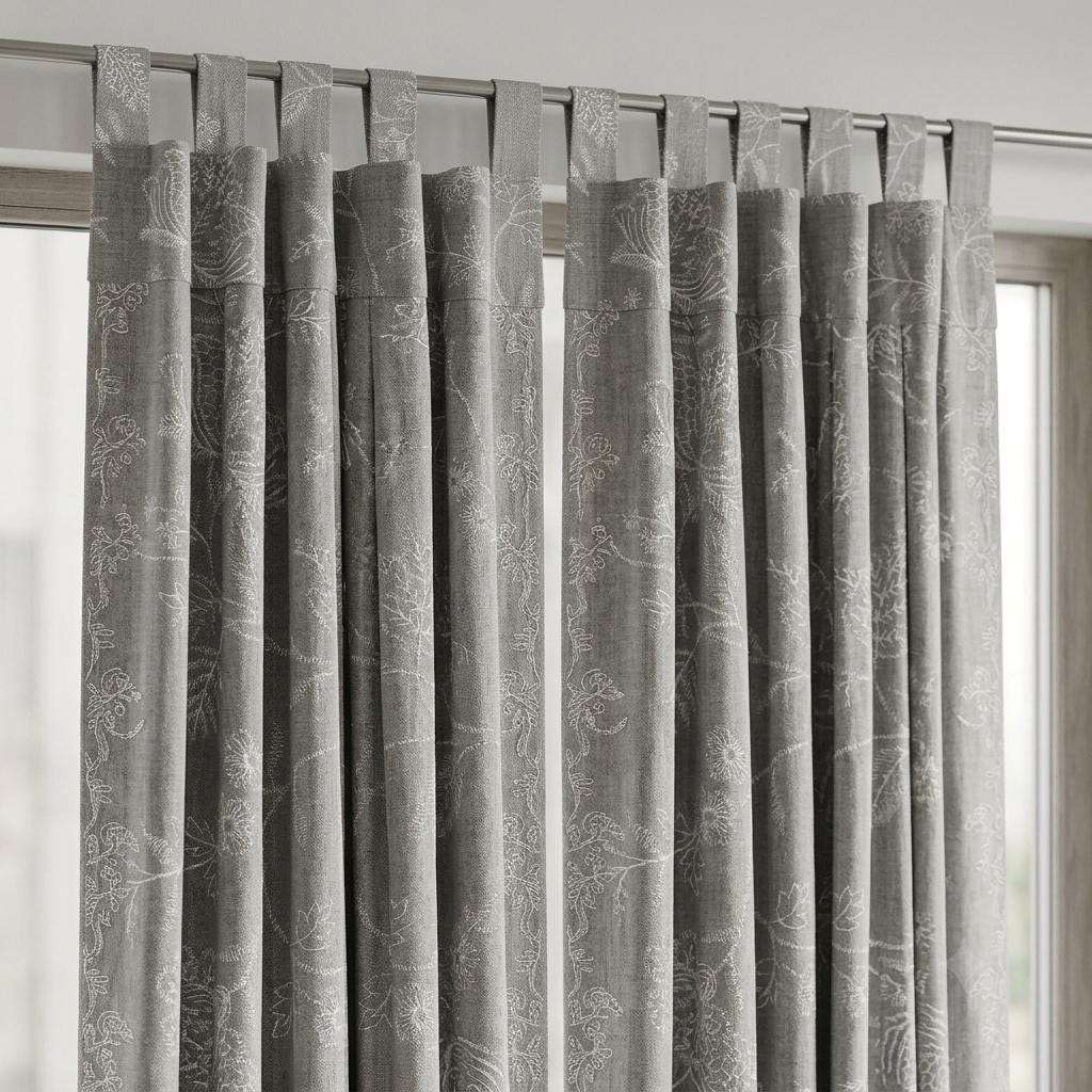 Gray Linen Curtains, Ivory Jacobean Floral Embroidered Drapes, Custom Blackout Bedroom & Living Room Panels — image 10