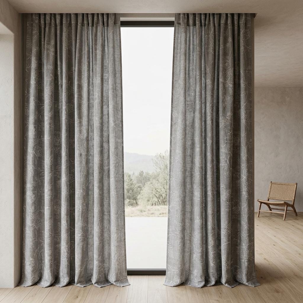Gray Linen Curtains, Ivory Jacobean Floral Embroidered Drapes, Custom Blackout Bedroom & Living Room Panels — image 9