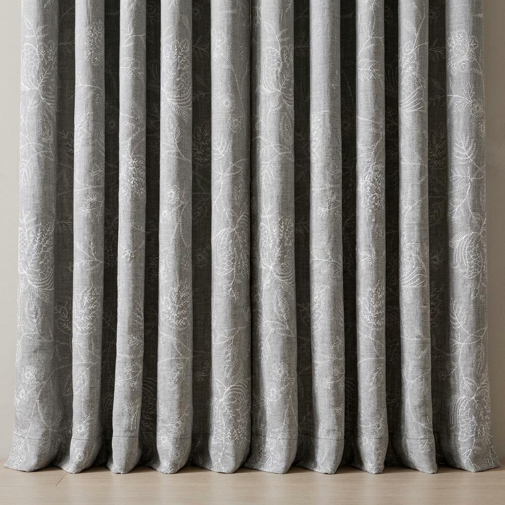 Gray Linen Curtains, Ivory Jacobean Floral Embroidered Drapes, Custom Blackout Bedroom & Living Room Panels — image 7