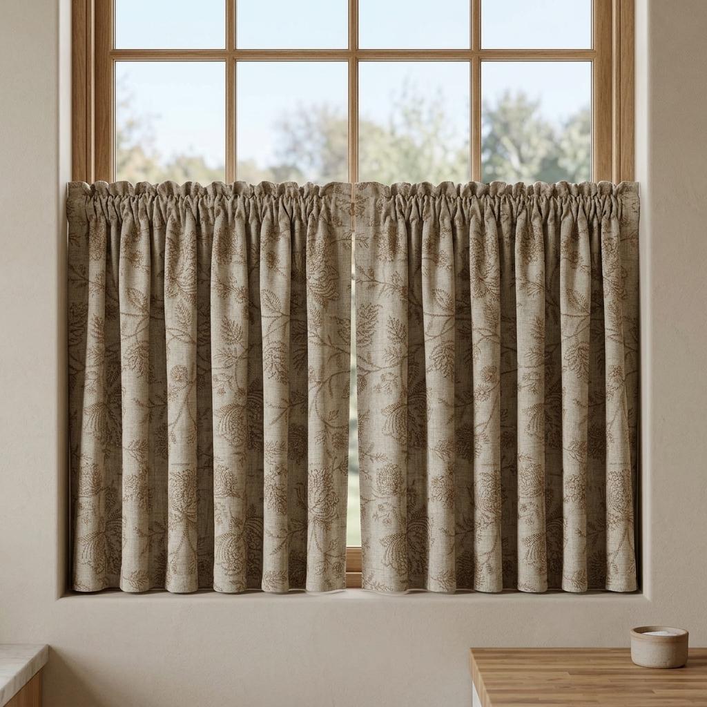 Natural Beige Linen Curtains, Taupe Jacobean Floral Embroidered Drapes, Custom Blackout Bedroom & Living Room Panels — image 6