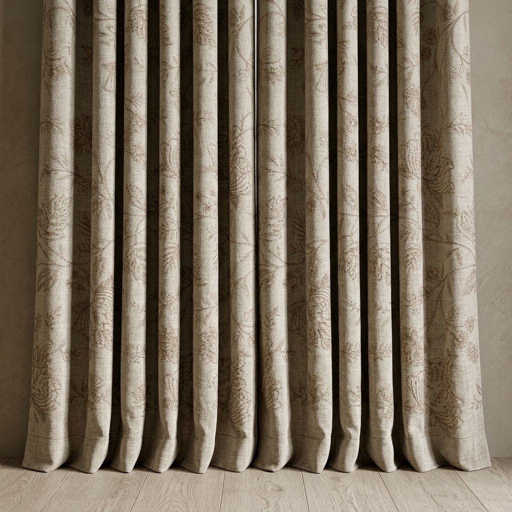 Natural Beige Linen Curtains, Taupe Jacobean Floral Embroidered Drapes, Custom Blackout Bedroom & Living Room Panels — image 5