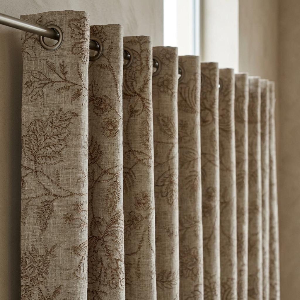 Natural Beige Linen Curtains, Taupe Jacobean Floral Embroidered Drapes, Custom Blackout Bedroom & Living Room Panels — image 8