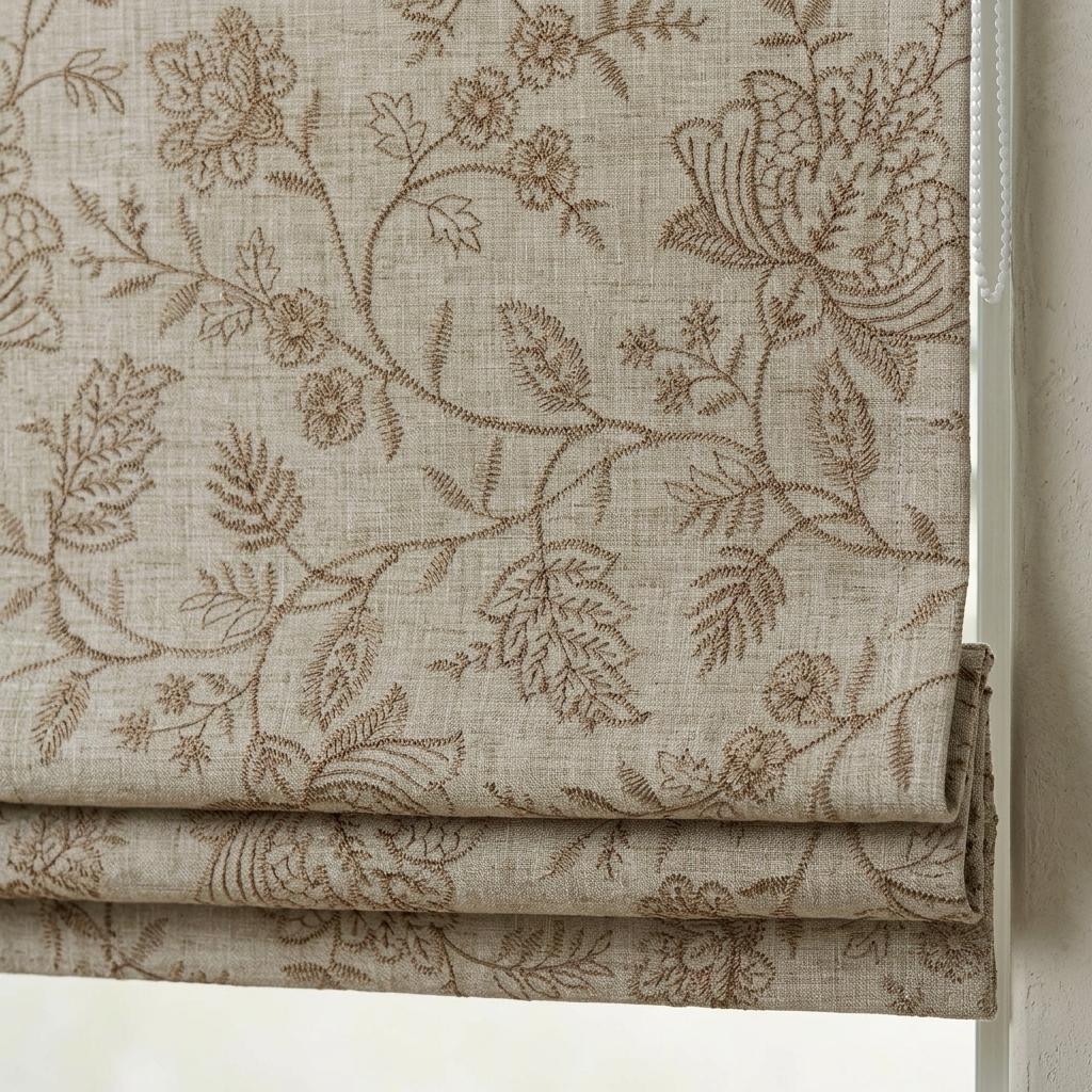 Custom Roman Shades, Natural Beige Linen Roman Blind, Taupe Jacobean Floral Embroidered Window Treatment, Blackout or Cotton Lined — image 1