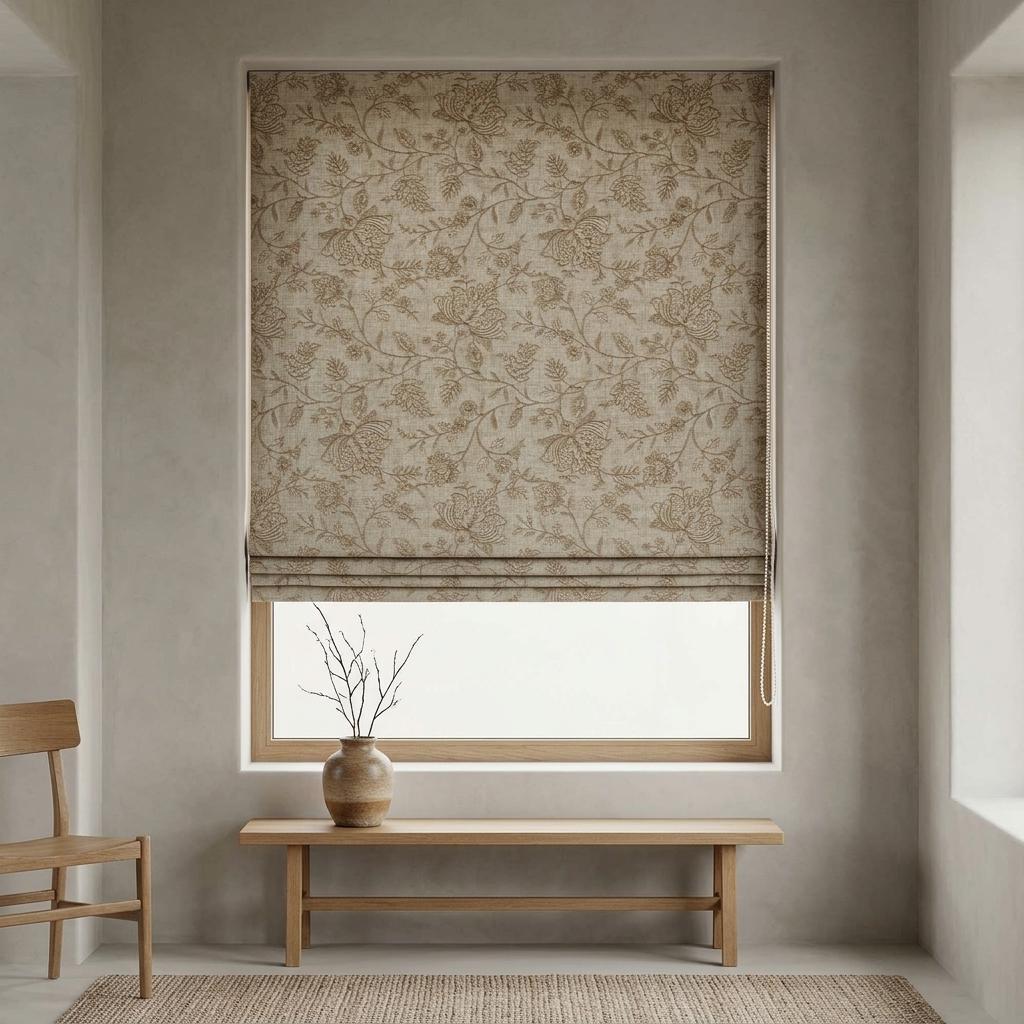 Custom Roman Shades, Natural Beige Linen Roman Blind, Taupe Jacobean Floral Embroidered Window Treatment, Blackout or Cotton Lined — image 1