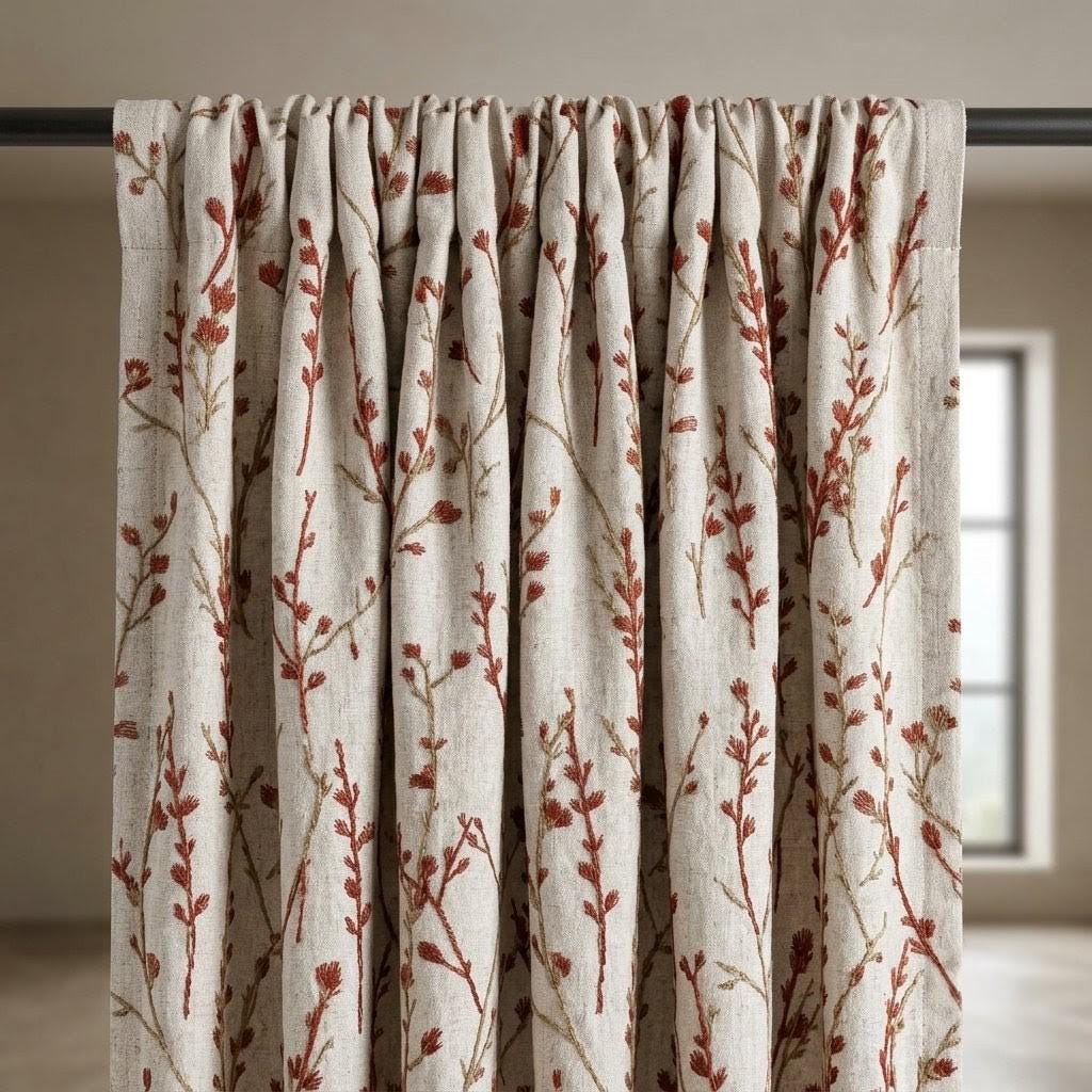 Rust Wildflower Embroidered Pure Linen Curtains, Oatmeal Botanical Drapes, Custom Blackout or Light Filtering Panels — image 3
