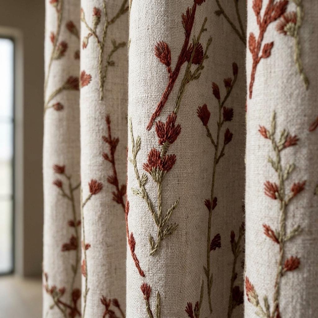 Rust Wildflower Embroidered Pure Linen Curtains, Oatmeal Botanical Drapes, Custom Blackout or Light Filtering Panels — image 6