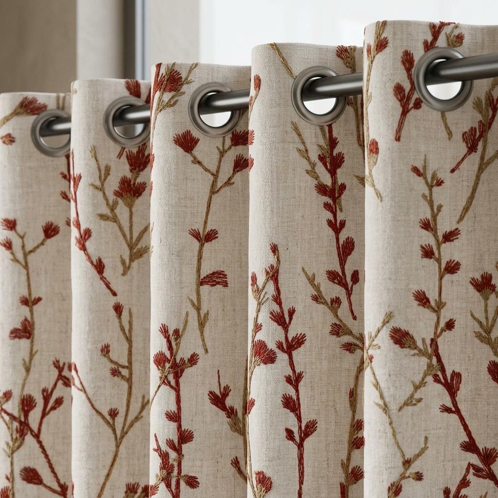 Rust Wildflower Embroidered Pure Linen Curtains, Oatmeal Botanical Drapes, Custom Blackout or Light Filtering Panels — image 7