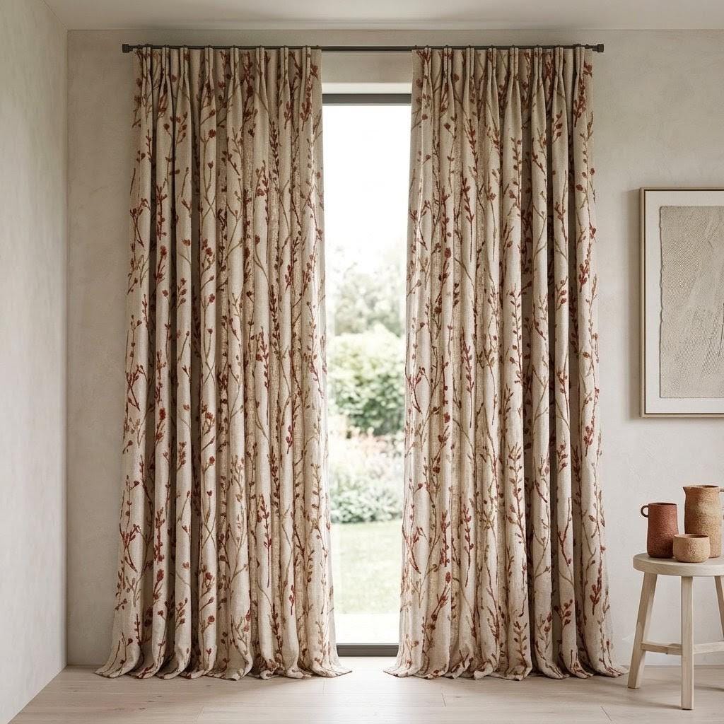 Rust Wildflower Embroidered Pure Linen Curtains, Oatmeal Botanical Drapes, Custom Blackout or Light Filtering Panels — image 5