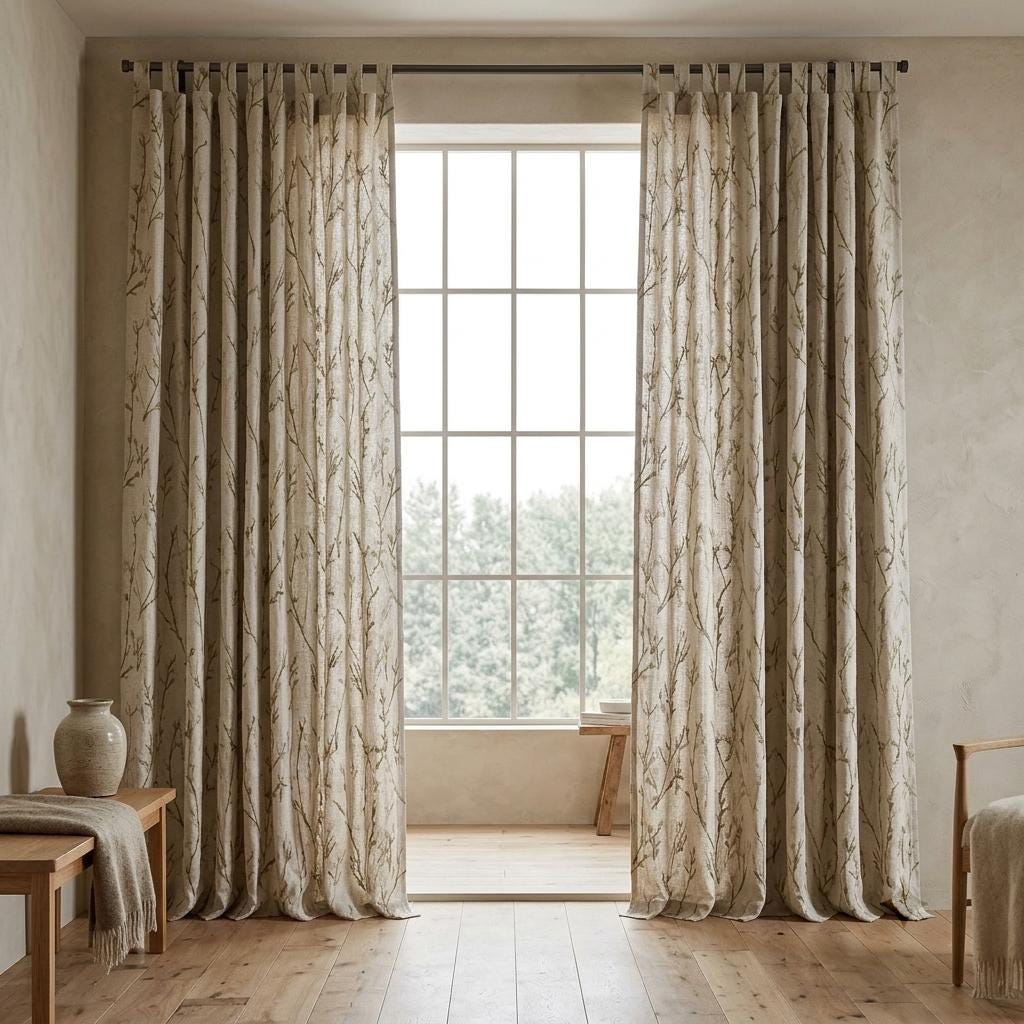 Embroidered Pure Linen Curtains, Oatmeal with Olive Green & Gray Wildflowers, Custom Blackout or Light Filtering Botanical Drapes — image 8