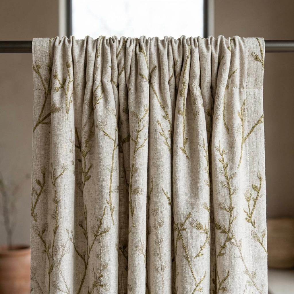 Embroidered Pure Linen Curtains, Oatmeal with Olive Green & Gray Wildflowers, Custom Blackout or Light Filtering Botanical Drapes — image 6