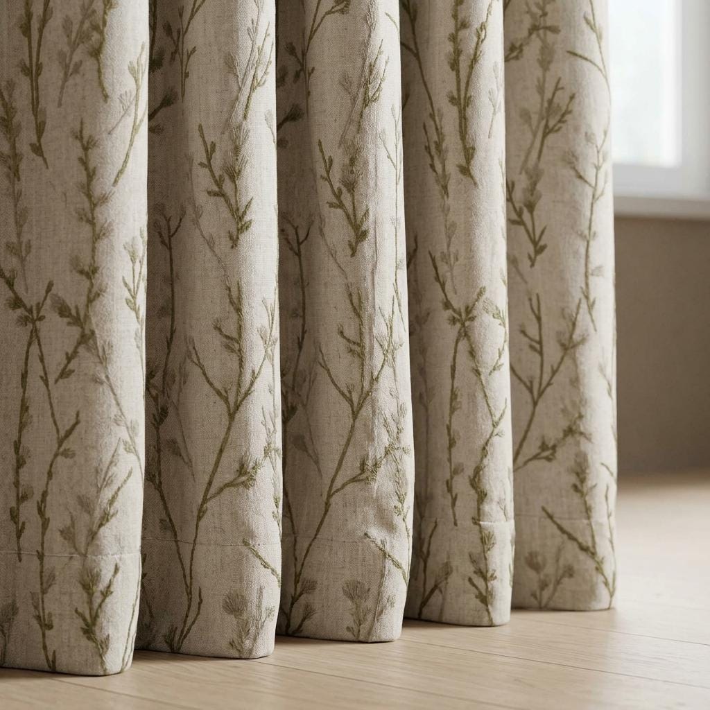 Embroidered Pure Linen Curtains, Oatmeal with Olive Green & Gray Wildflowers, Custom Blackout or Light Filtering Botanical Drapes — image 3