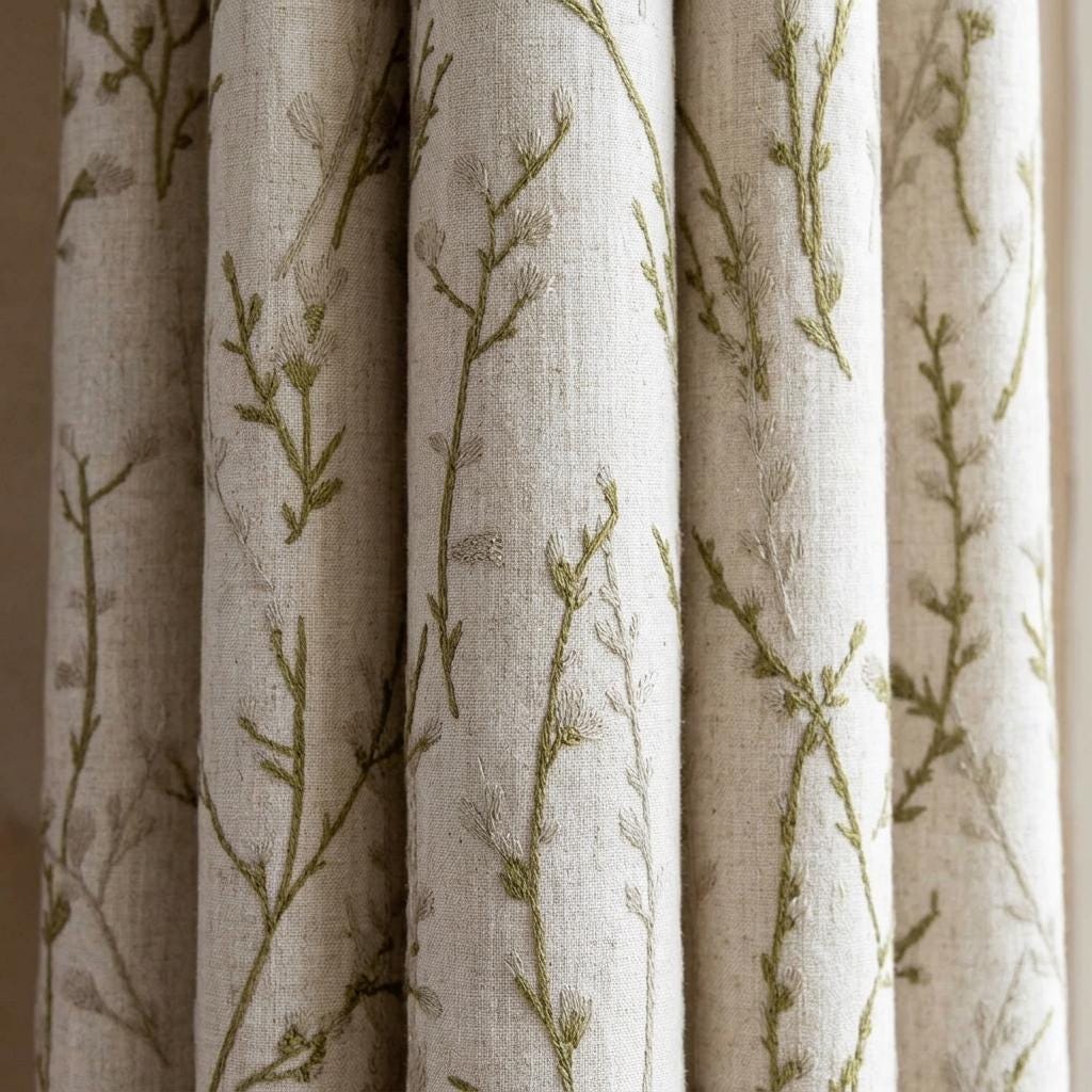Embroidered Pure Linen Curtains, Oatmeal with Olive Green & Gray Wildflowers, Custom Blackout or Light Filtering Botanical Drapes — image 7