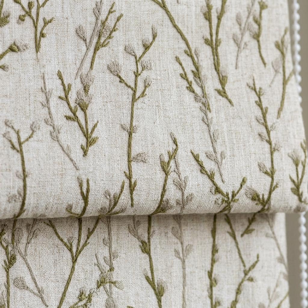 Sage Green Wildflower Linen Roman Shade, Beige Embroidered Botanical Custom Corded Blind, Blackout or Light Filtering — image 1