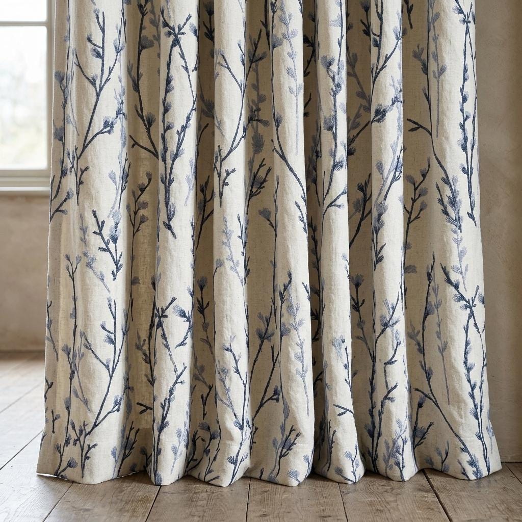 Navy & Dusty Blue Wildflower Embroidered Pure Linen Curtains, Ivory Botanical Drapes, Custom Blackout or Light Filtering Panels — image 4