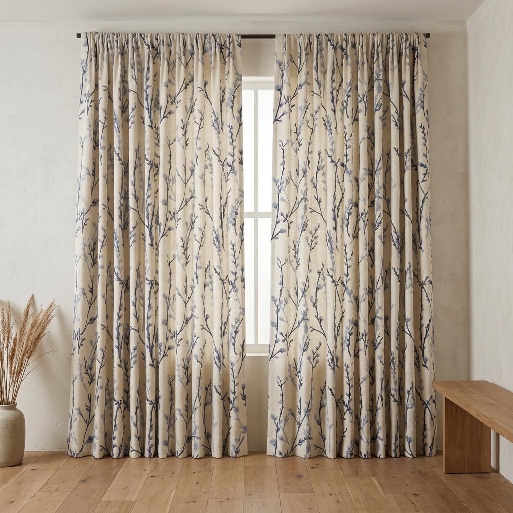 Navy & Dusty Blue Wildflower Embroidered Pure Linen Curtains, Ivory Botanical Drapes, Custom Blackout or Light Filtering Panels — image 7