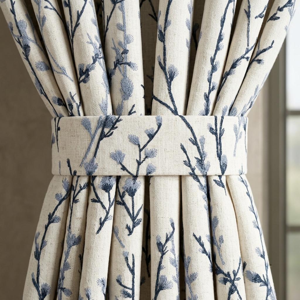 Navy & Dusty Blue Wildflower Embroidered Pure Linen Curtains, Ivory Botanical Drapes, Custom Blackout or Light Filtering Panels — image 2