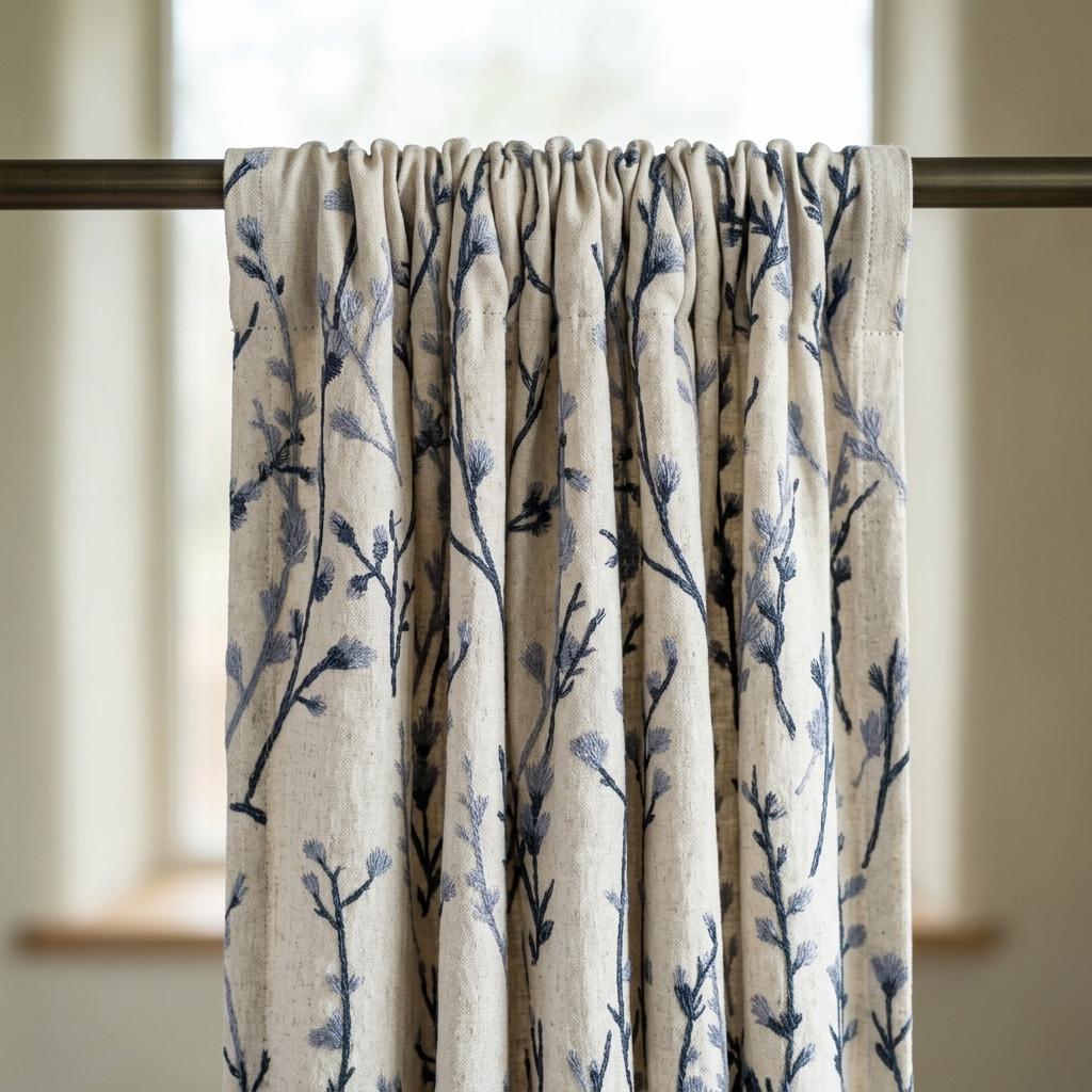 Navy & Dusty Blue Wildflower Embroidered Pure Linen Curtains, Ivory Botanical Drapes, Custom Blackout or Light Filtering Panels — image 10