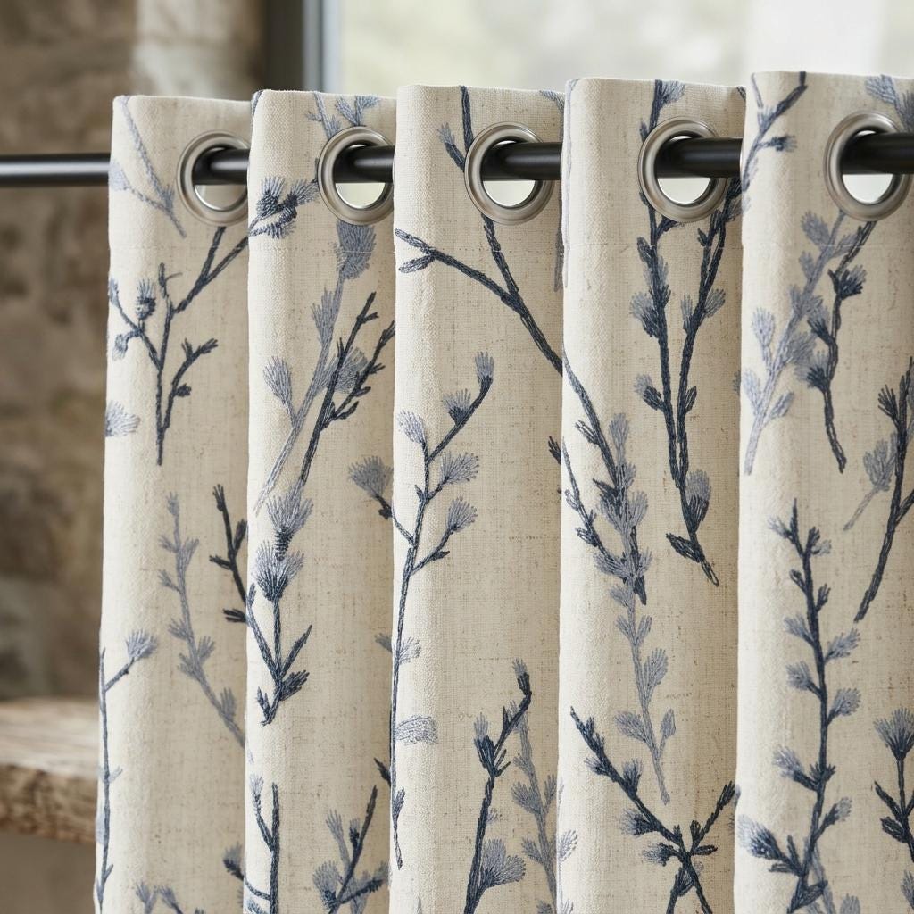 Navy & Dusty Blue Wildflower Embroidered Pure Linen Curtains, Ivory Botanical Drapes, Custom Blackout or Light Filtering Panels — image 8
