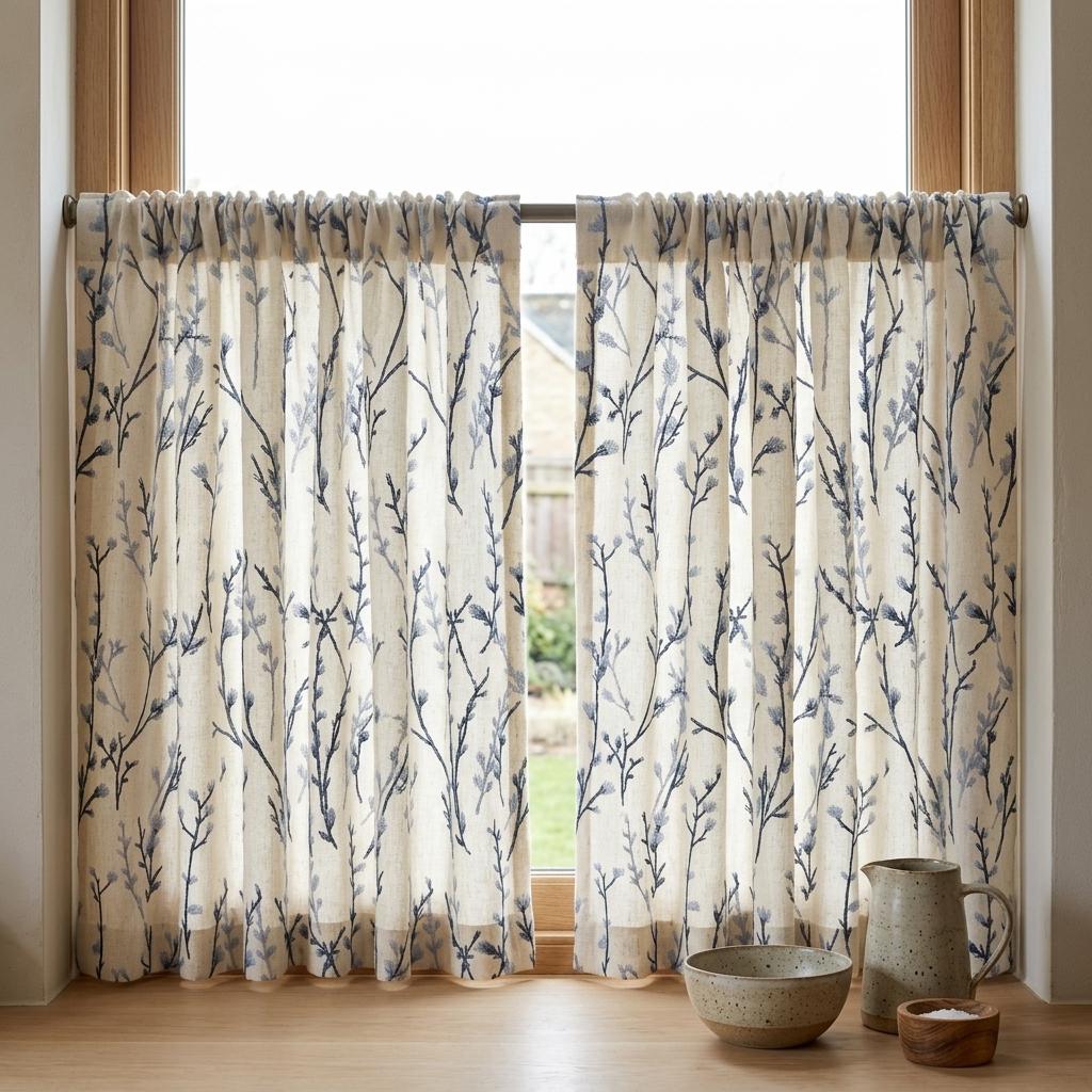 Navy & Dusty Blue Wildflower Embroidered Pure Linen Curtains, Ivory Botanical Drapes, Custom Blackout or Light Filtering Panels — image 9