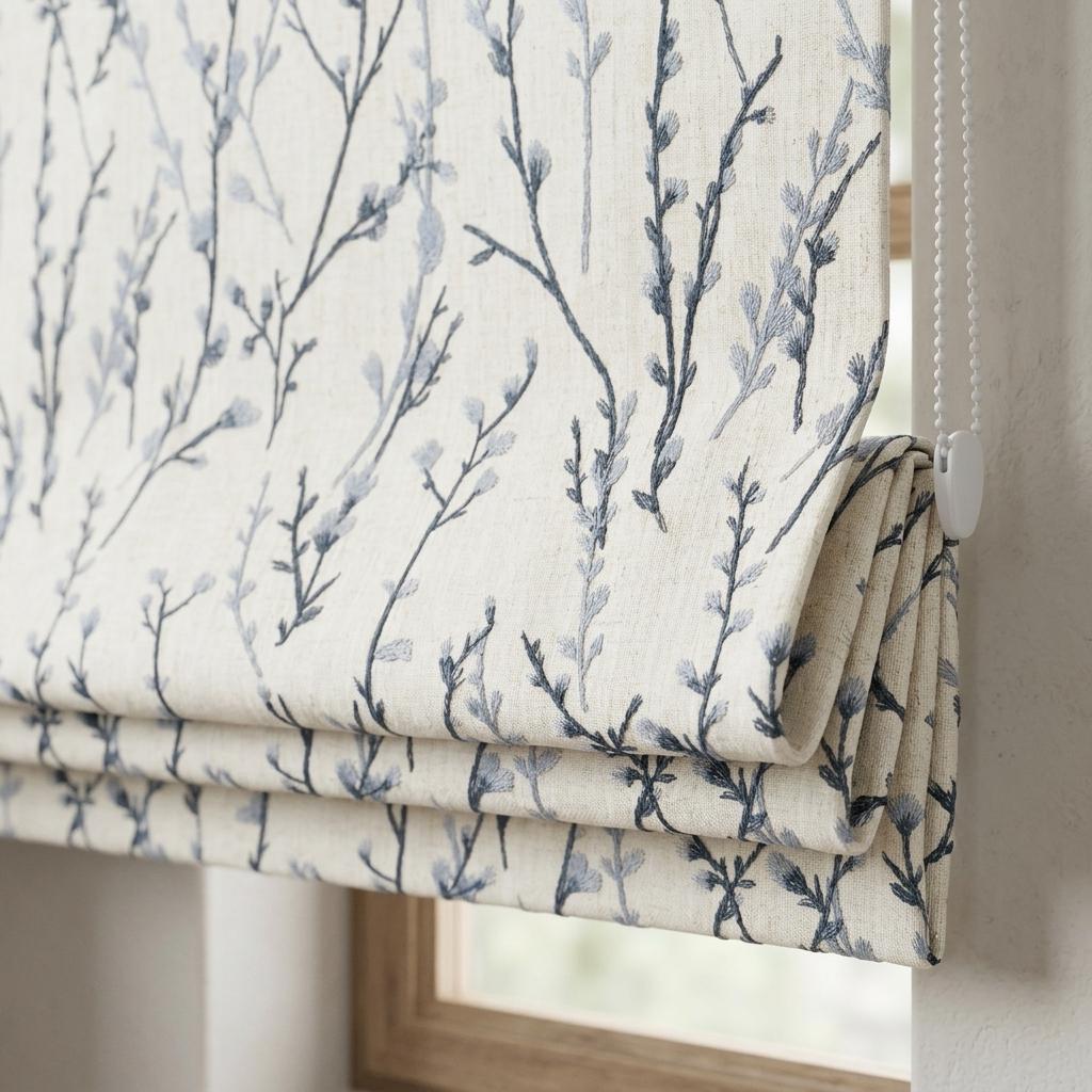 Navy & Powder Blue Wildflower Pure Linen Roman Shade, Ivory Embroidered Botanical Custom Corded Window Blind, Blackout or Light Filtering — image 1