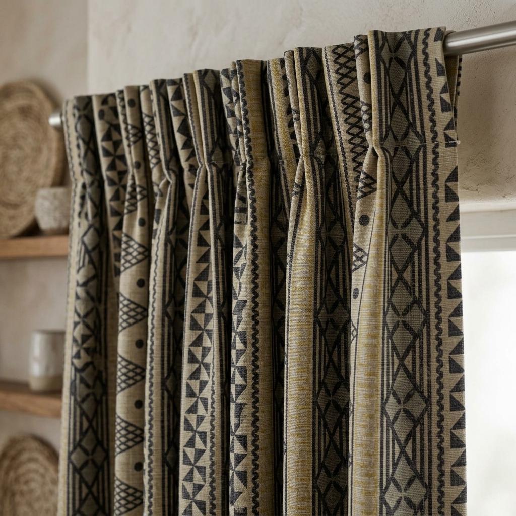 Black Mustard Tribal Printed Pure Linen Curtains, Beige Geometric Boho Drapes, Custom Blackout or Light Filtering Window Panels — image 8