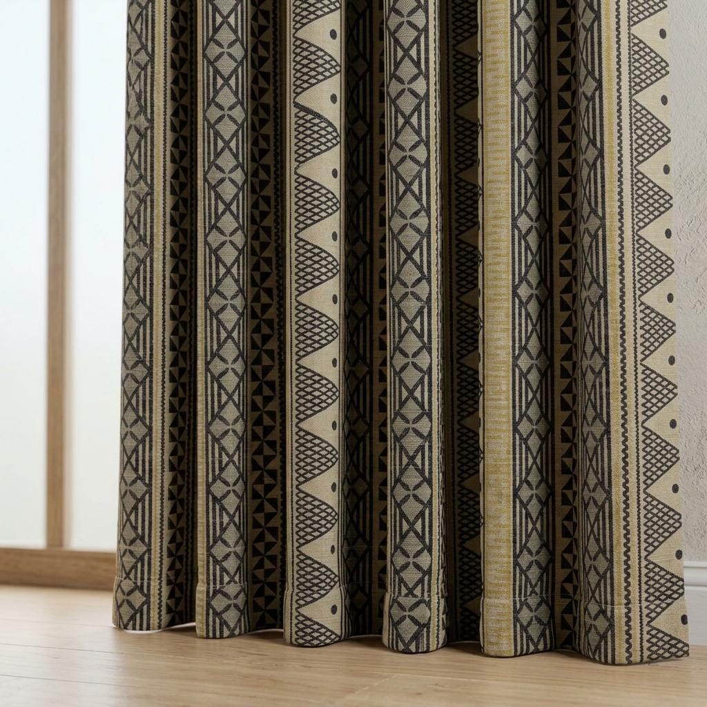 Black Mustard Tribal Printed Pure Linen Curtains, Beige Geometric Boho Drapes, Custom Blackout or Light Filtering Window Panels — image 3