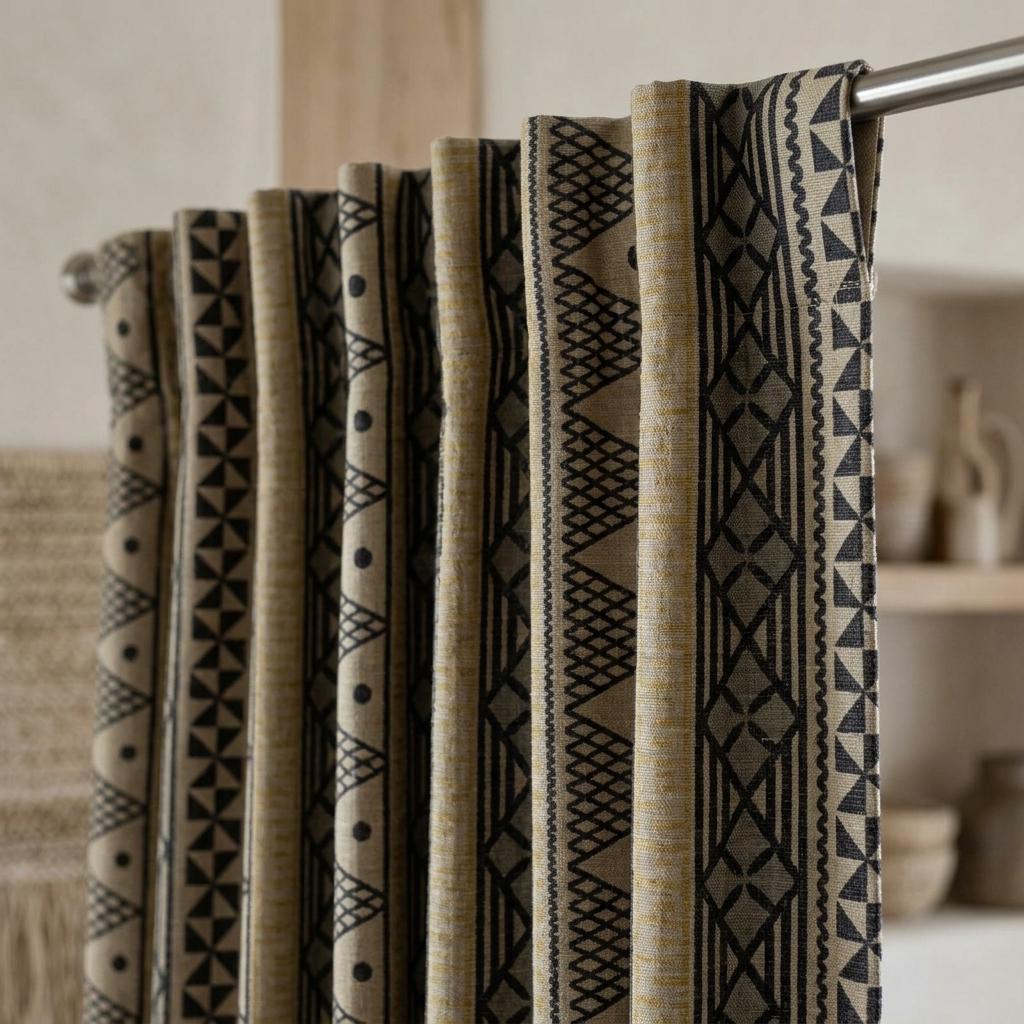 Black Mustard Tribal Printed Pure Linen Curtains, Beige Geometric Boho Drapes, Custom Blackout or Light Filtering Window Panels — image 2