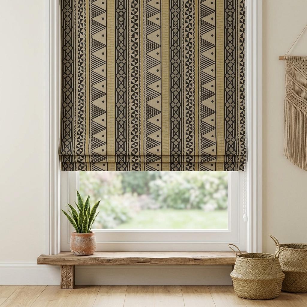 Boho Tribal Printed Pure Linen Roman Shade, Black Mustard Beige Geometric Custom Corded Blind, Blackout or Light Filtering — image 1