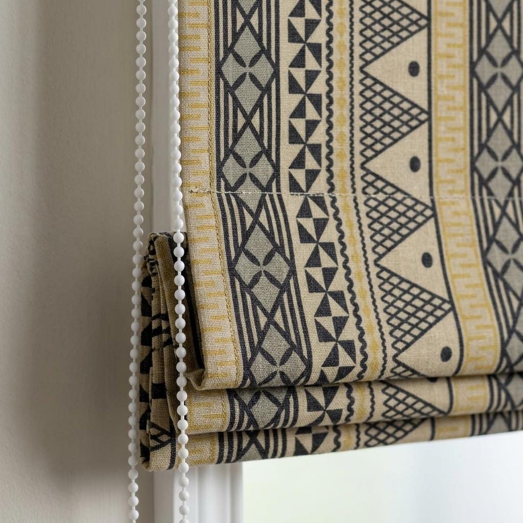 Boho Tribal Printed Pure Linen Roman Shade, Black Mustard Beige Geometric Custom Corded Blind, Blackout or Light Filtering — image 1