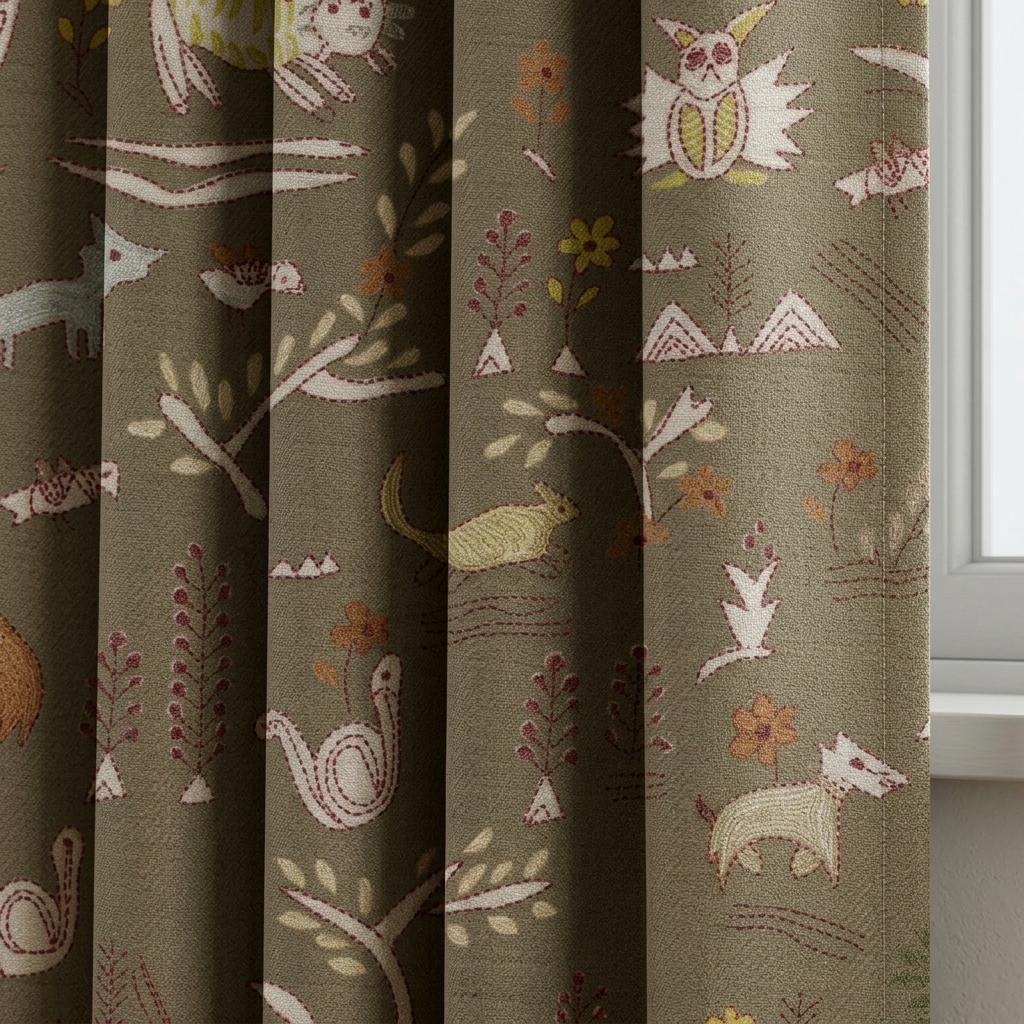 Woodland Animal Pure Linen Curtains, Olive Green Tribal Folk Art Nursery Drapes, Custom Blackout or Light Filtering Panels — image 1