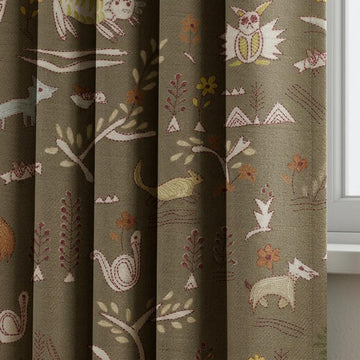 Woodland Animal Pure Linen Curtains, Olive Green Tribal Folk Art Nursery Drapes, Custom Blackout or Light Filtering Panels — image 1