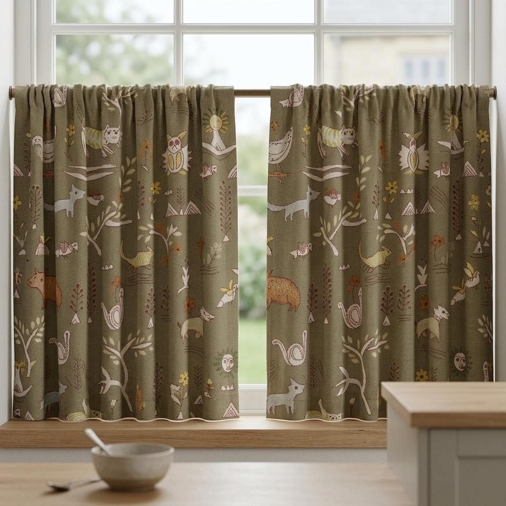 Woodland Animal Pure Linen Curtains, Olive Green Tribal Folk Art Nursery Drapes, Custom Blackout or Light Filtering Panels — image 7