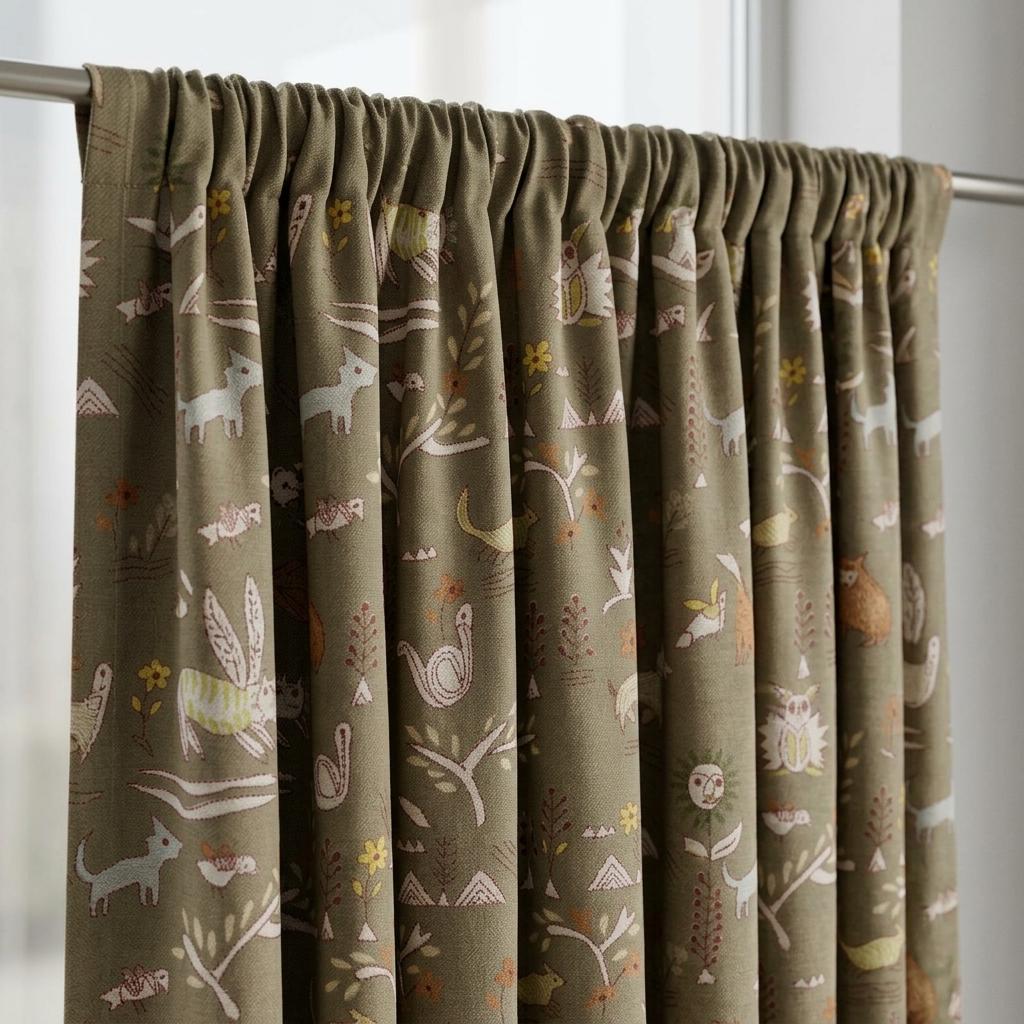 Woodland Animal Pure Linen Curtains, Olive Green Tribal Folk Art Nursery Drapes, Custom Blackout or Light Filtering Panels — image 9