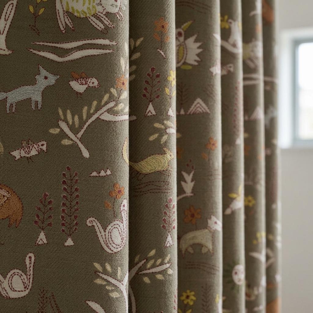 Woodland Animal Pure Linen Curtains, Olive Green Tribal Folk Art Nursery Drapes, Custom Blackout or Light Filtering Panels — image 4