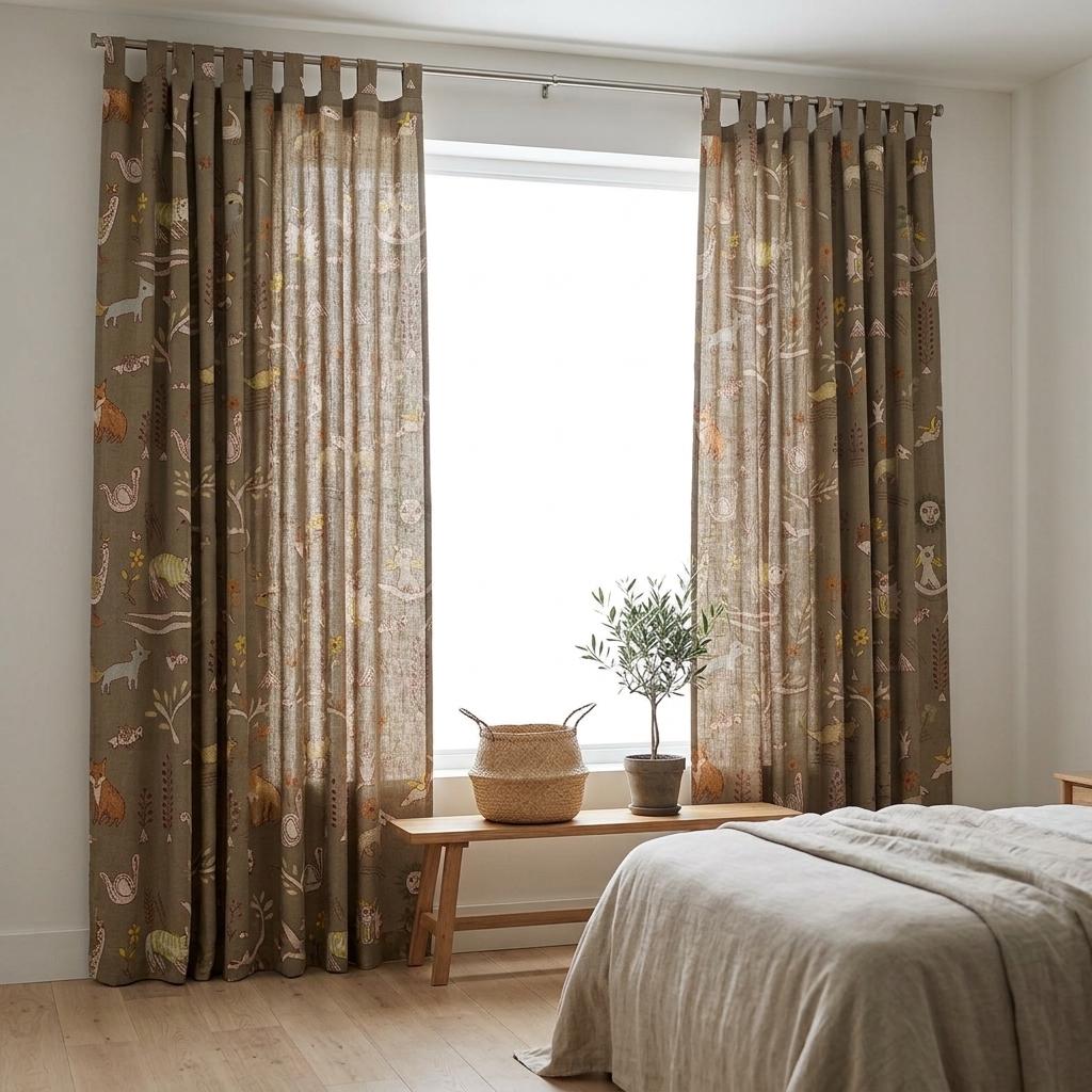 Woodland Animal Pure Linen Curtains, Olive Green Tribal Folk Art Nursery Drapes, Custom Blackout or Light Filtering Panels — image 5