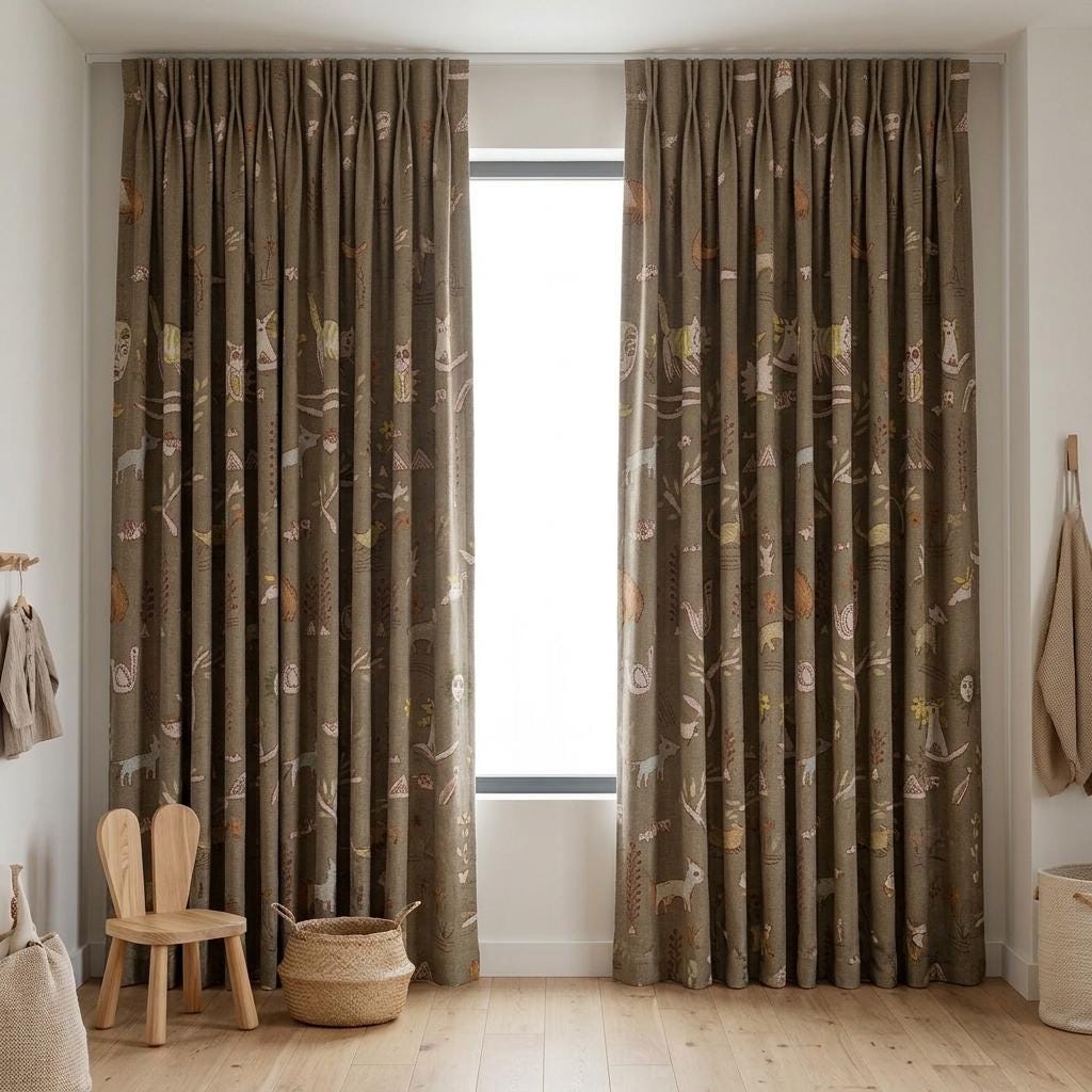 Woodland Animal Pure Linen Curtains, Olive Green Tribal Folk Art Nursery Drapes, Custom Blackout or Light Filtering Panels — image 8