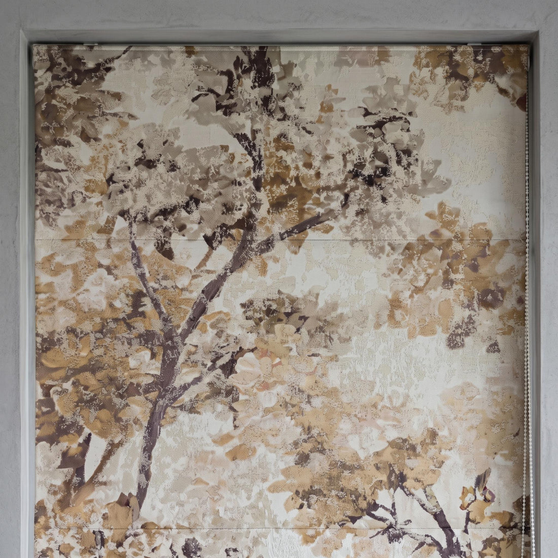 Abstract Woodland Silk Linen Roman Shade, Ivory Taupe Brown Jacquard Custom Corded Blind, Blackout or Light Filtering — image 1