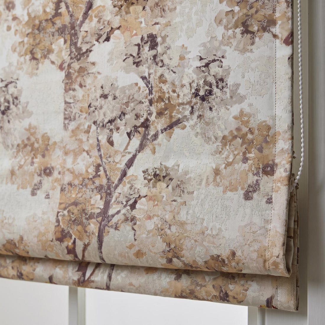 Abstract Woodland Silk Linen Roman Shade, Ivory Taupe Brown Jacquard Custom Corded Blind, Blackout or Light Filtering — image 1