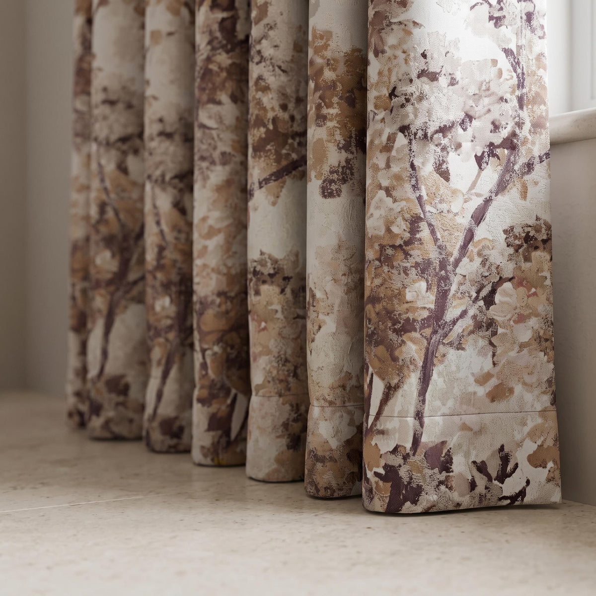 Pure Silk Linen Jacquard Curtains, Ivory Taupe & Plum Abstract Botanical Luxury Drapes, Custom Blackout or Light Filtering Panels — image 2